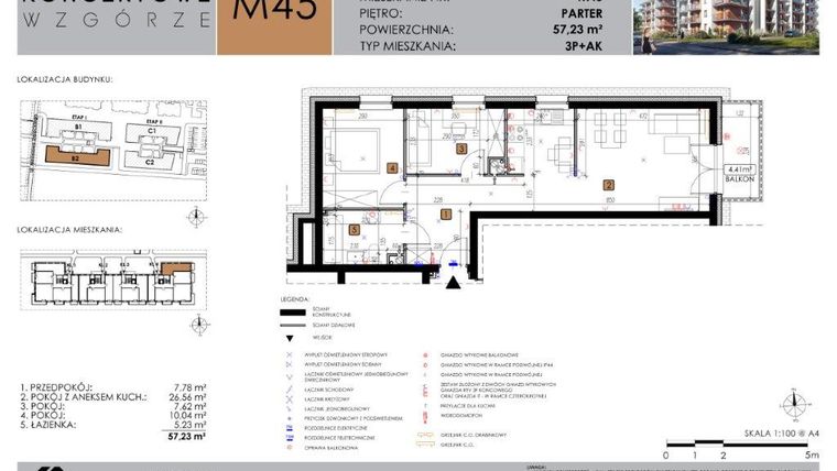 Rzut - Mieszkanie na sprzedaż 3 pokoje o powierzchni 57,23 m² - numer B2.45 w Koncertowe Wzgórze