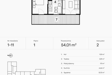 Rzut - Mieszkanie na sprzedaż 2 pokoje o powierzchni 54,01 m² - numer 1-11 w Pączka 1