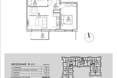 Rzut - Mieszkanie na sprzedaż 2 pokoje o powierzchni 46,95 m² - numer 1E-2-2 w Naramowice Odnova