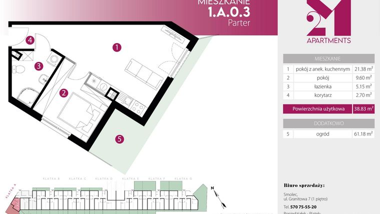 Rzut - Mieszkanie na sprzedaż 2 pokoje o powierzchni 38,83 m² - numer 1.A.0.3 w Maślice Wrocław Milo Dobry Deweloper etap IV