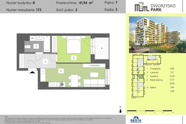 Rzut - Mieszkanie na sprzedaż 2 pokoje o powierzchni 41,94 m² - numer 173 w Dworzysko Park - Etap II