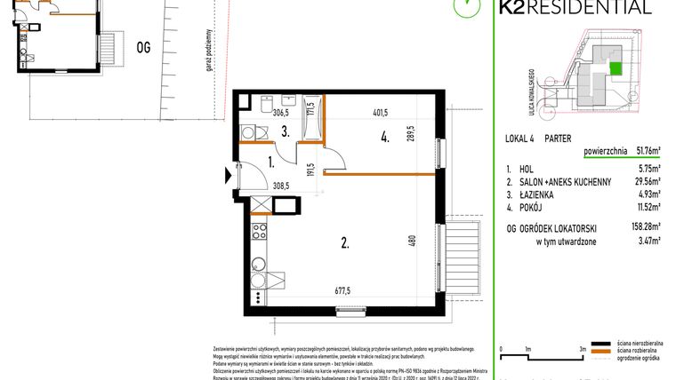 Rzut - Mieszkanie na sprzedaż 2 pokoje o powierzchni 51,76 m² - numer 4 w Kowalskiego 37