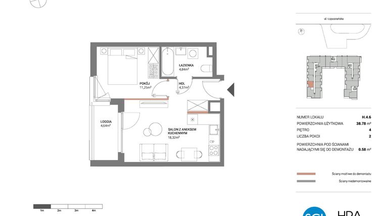 Rzut - Mieszkanie na sprzedaż 2 pokoje o powierzchni 38,78 m² - numer H.4.6 w Łopuszańska 47 - etap 3