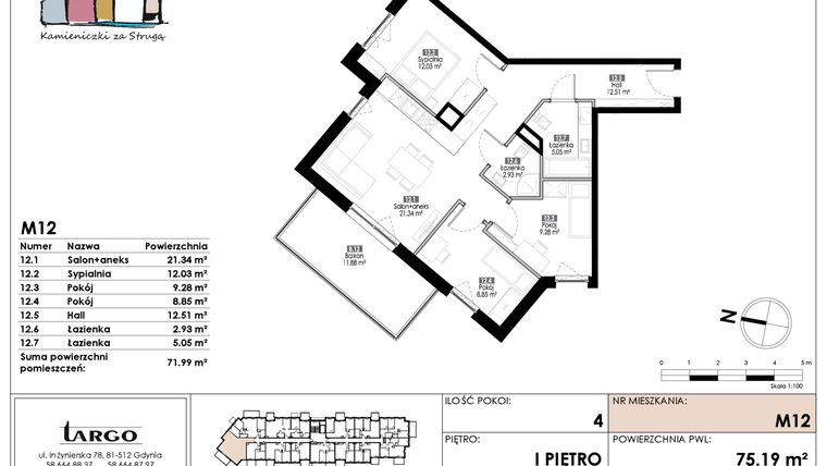 Rzut - Mieszkanie na sprzedaż 4 pokoje o powierzchni 71,99 m² - numer M12 w Kamieniczki za Strugą
