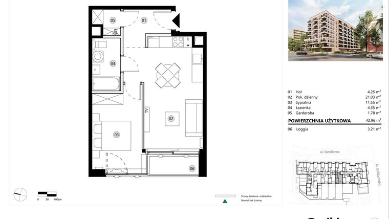 Rzut - Mieszkanie na sprzedaż 2 pokoje o powierzchni 42,96 m² - numer A.04.L.25 w ReVola