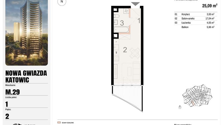 Rzut - Mieszkanie na sprzedaż 1 pokój o powierzchni 25,09 m² - numer M.29 w Nowa Gwiazda