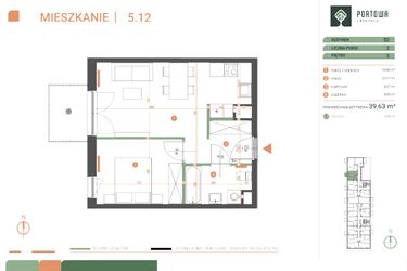 Rzut - Mieszkanie na sprzedaż 2 pokoje o powierzchni 39,63 m² - numer M.05.12 w Casa Feliz Portowa