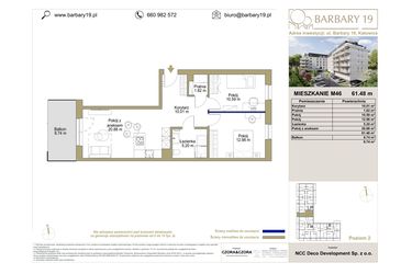 Rzut - Mieszkanie na sprzedaż 3 pokoje o powierzchni 61,48 m² - numer M46 w Barbary 19