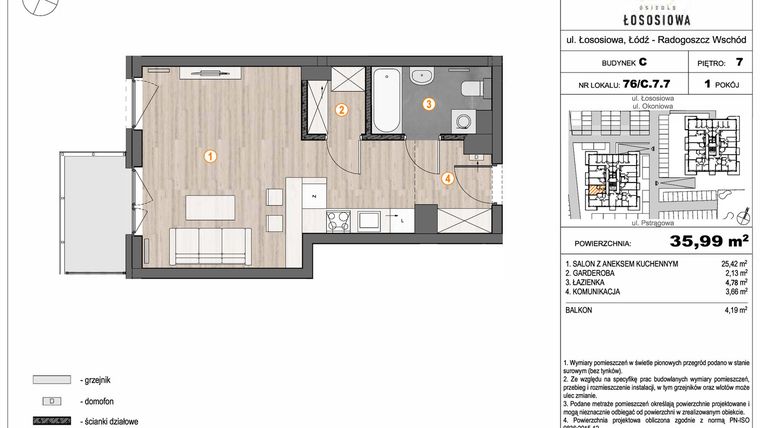 Rzut - Mieszkanie na sprzedaż 1 pokój o powierzchni 35,99 m² - numer 76 - C7.7 w Osiedle Łososiowa