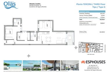 Rzut - Mieszkanie na sprzedaż 3 pokoje o powierzchni 99 m² - numer 3G w ESPHOUSES by Olas