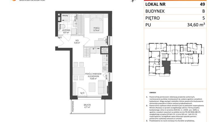 Rzut - Mieszkanie na sprzedaż 2 pokoje o powierzchni 34,6 m² - numer B.49 w Osiedle Warszawska etap III