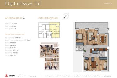 Rzut - Mieszkanie na sprzedaż 4 pokoje o powierzchni 85,05 m² - numer 51B.M2 w Dębowa 51