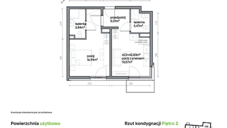 Rzut - Mieszkanie na sprzedaż 2 pokoje o powierzchni 42,83 m² - numer A22 w Traugutta Vita