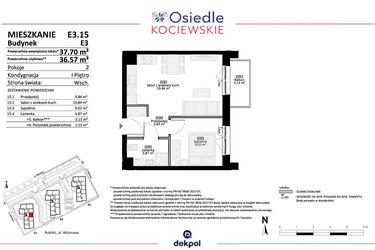 Rzut - Mieszkanie na sprzedaż 2 pokoje o powierzchni 36,57 m² - numer E3.15 w Osiedle Kociewskie bud. E