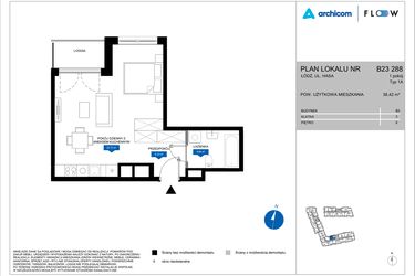 Rzut - Mieszkanie na sprzedaż 1 pokój o powierzchni 38,42 m² - numer B23 288 w Flow - bud. B2 A i bud. B2 B