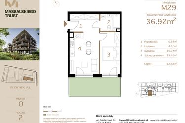 Rzut - Mieszkanie na sprzedaż 2 pokoje o powierzchni 36,92 m² - numer M29 w Massalskiego Trust