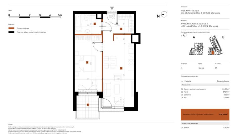 Rzut - Mieszkanie na sprzedaż 2 pokoje o powierzchni 45,3 m² - numer 75 w MY Głębocka