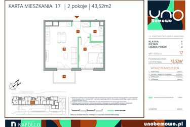 Rzut - Mieszkanie na sprzedaż 2 pokoje o powierzchni 43,52 m² - numer 17 w UNO Bemowo