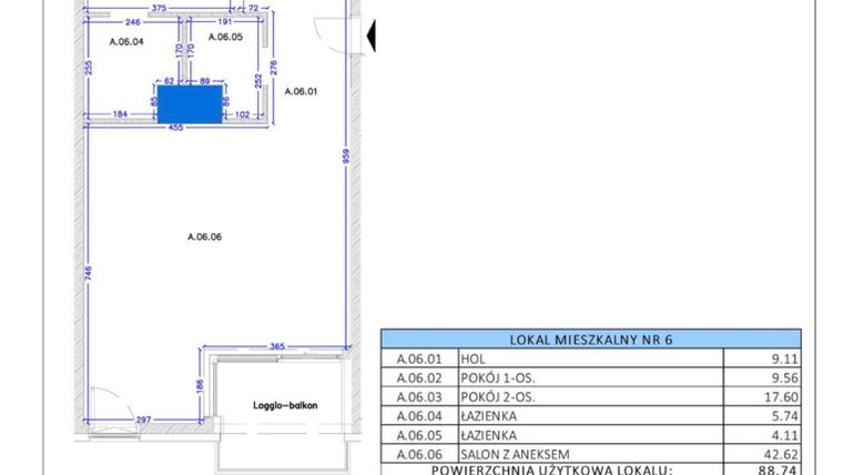Rzut - Mieszkanie na sprzedaż 3 pokoje o powierzchni 88,74 m² - numer A.06 w Gaja Park