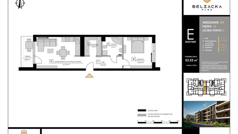 Rzut - Mieszkanie na sprzedaż 2 pokoje o powierzchni 53,53 m² - numer E.159 w Belzacka Park etap III