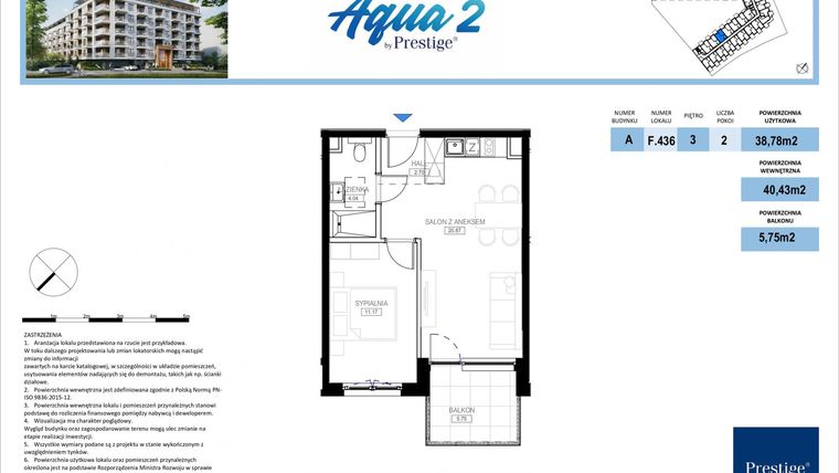 Rzut - Mieszkanie na sprzedaż 2 pokoje o powierzchni 40,42 m² - numer F.436 w Bel Mare (Międzyzdroje)