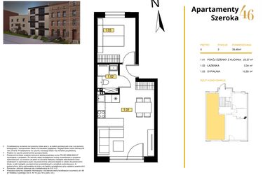 Rzut - Mieszkanie na sprzedaż 2 pokoje o powierzchni 38,5 m² - numer M1 w Apartamenty Szeroka 46