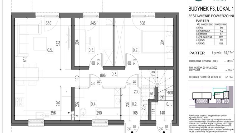 Rzut - Mieszkanie na sprzedaż 3 pokoje o powierzchni 54,97 m² - numer F3.1 w Spokojna Wólka etap V