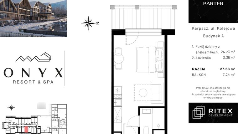Rzut - Mieszkanie na sprzedaż 1 pokój o powierzchni 27,71 m² - numer NR 0.A4 w Onyx Resort & Spa