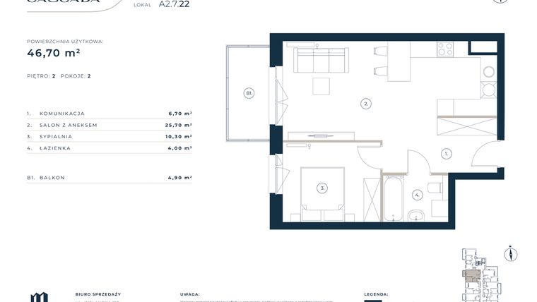Rzut - Mieszkanie na sprzedaż 2 pokoje o powierzchni 46,7 m² - numer A2.7.22 w Cascada