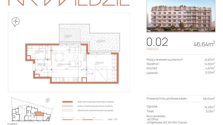 Rzut - Mieszkanie na sprzedaż 2 pokoje o powierzchni 46,64 m² - numer 0.02 w Na Wildzie