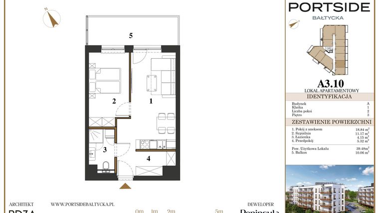 Rzut - Mieszkanie na sprzedaż 2 pokoje o powierzchni 39,48 m² - numer A3.10 w Portside Bałtycka