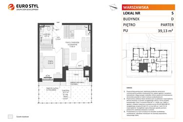 Rzut - Mieszkanie na sprzedaż 2 pokoje o powierzchni 39,13 m² - numer D.5 w Osiedle Warszawska etap II