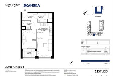 Rzut - Mieszkanie na sprzedaż 2 pokoje o powierzchni 43,33 m² - numer 1BB0107 w Awangarda Mogilska