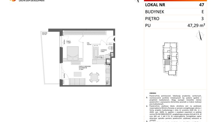 Rzut - Mieszkanie na sprzedaż 2 pokoje o powierzchni 47,29 m² - numer E.47 w Osiedle Synteza etap IV