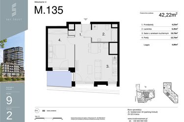 Rzut - Mieszkanie na sprzedaż 2 pokoje o powierzchni 42,22 m² - numer M135 w Sky Trust etap II