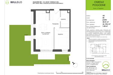 Rzut - Mieszkanie na sprzedaż 2 pokoje o powierzchni 44,31 m² - numer OP/A2/P0/05 w Osiedle Pogodne etap I