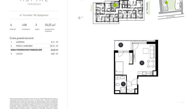 Rzut - Mieszkanie na sprzedaż 1 pokój o powierzchni 33,25 m² - numer A.18 w Aspire