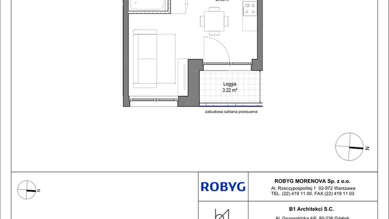 Rzut - Mieszkanie na sprzedaż 1 pokój o powierzchni 27,63 m² - numer B.3M07 w Leszczyńskich 2