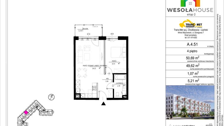 Rzut - Mieszkanie na sprzedaż 2 pokoje o powierzchni 49,57 m² - numer A.4.51 w Wesoła House Etap II