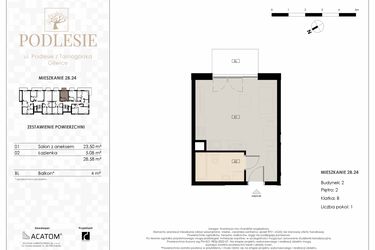 Rzut - Mieszkanie na sprzedaż 1 pokój o powierzchni 28,58 m² - numer 2B.24 w Podlesie