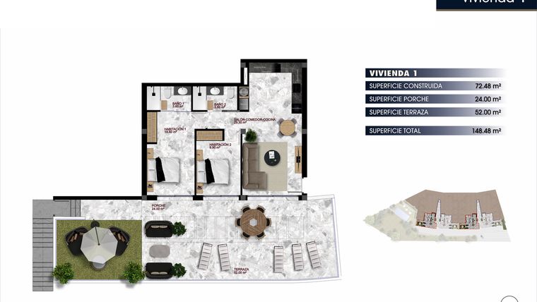 Rzut - Mieszkanie na sprzedaż 2 pokoje o powierzchni 148,48 m² - numer 1-1 w Apartamenty w Finestrat - 21218226