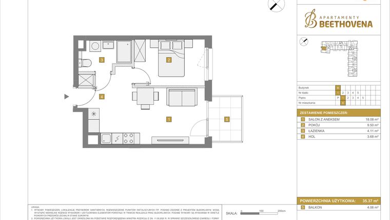 Rzut - Mieszkanie na sprzedaż 2 pokoje o powierzchni 35,37 m² - numer B6 w Apartamenty Beethovena