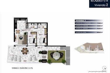 Rzut - Mieszkanie na sprzedaż 2 pokoje o powierzchni 148,48 m² - numer 1-2 w Apartamenty w Finestrat - 21218226
