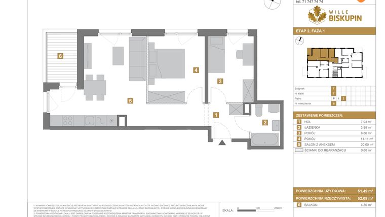 Rzut - Mieszkanie na sprzedaż 3 pokoje o powierzchni 51,49 m² - numer T8 w Wille Biskupin Etap 2.1