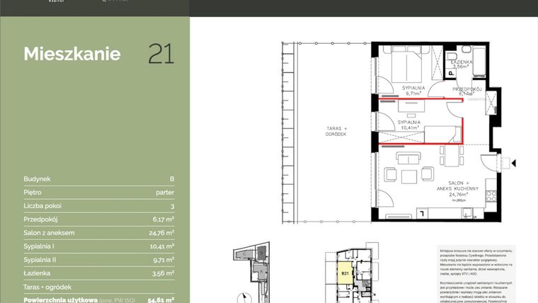 Rzut - Mieszkanie na sprzedaż 3 pokoje o powierzchni 54,85 m² - numer B21 w Stawowa Residence - etap V