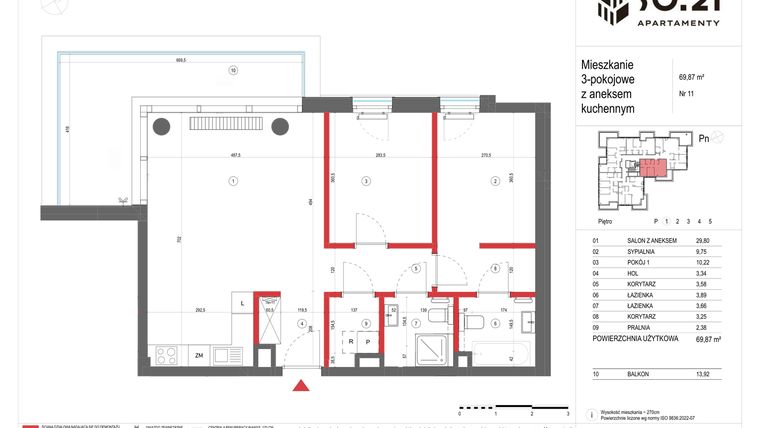 Rzut - Mieszkanie na sprzedaż 3 pokoje o powierzchni 69,87 m² - numer 11 w SO.21