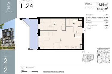 Rzut - Mieszkanie na sprzedaż 2 pokoje o powierzchni 44,51 m² - numer L24 w Sky Trust etap II - Apartamenty inwestycyjne