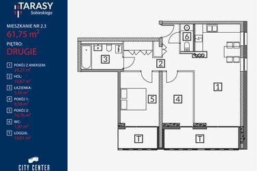 Rzut - Mieszkanie na sprzedaż 3 pokoje o powierzchni 61,75 m² - numer B2.M.2.3 w Tarasy Sobieskiego