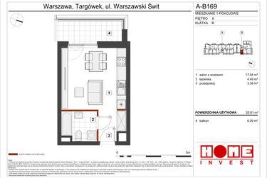 Rzut - Mieszkanie na sprzedaż 1 pokój o powierzchni 25,81 m² - numer A-B169 w Warszawski Świt etap VII