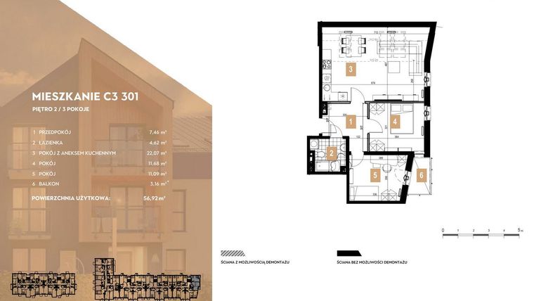 Rzut - Mieszkanie na sprzedaż 3 pokoje o powierzchni 56,92 m² - numer C3.301 w MOTTO Wojnów